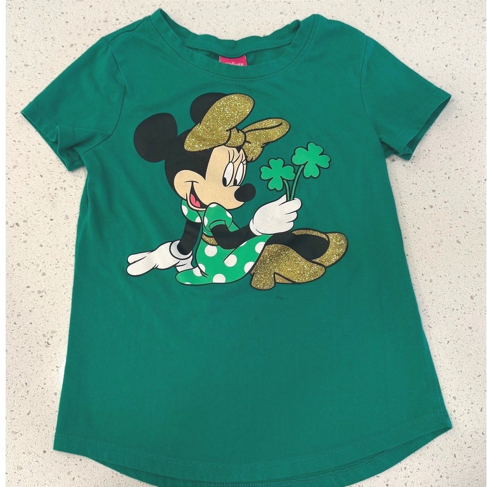 Disney‎ Minnie Mouse Shirt Kids M 7/8 Green Excellent St Patricks Day Glitter